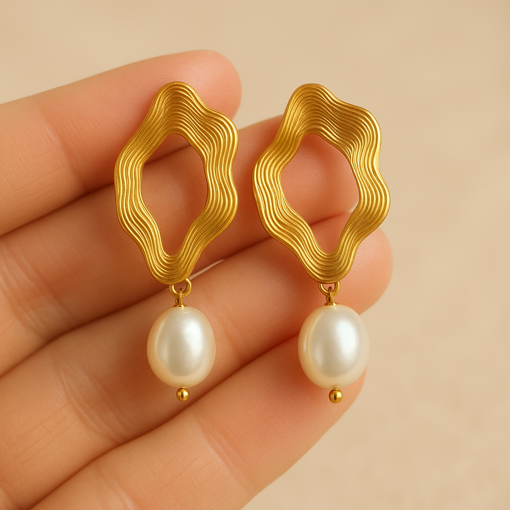 Golden Wave Pearl Drop Earrings