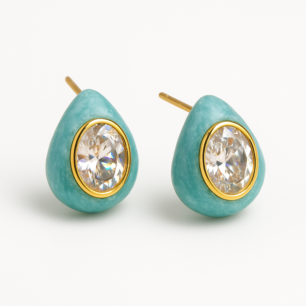 Opaline Teardrop Blue Solitaire Studs – Gold Finish