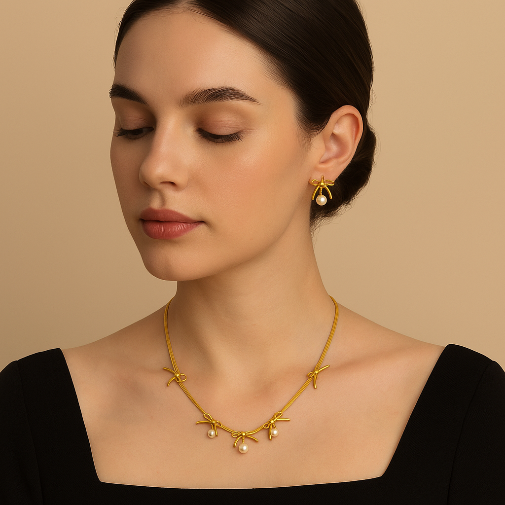 Golden Bow Pearl Jewelry Set