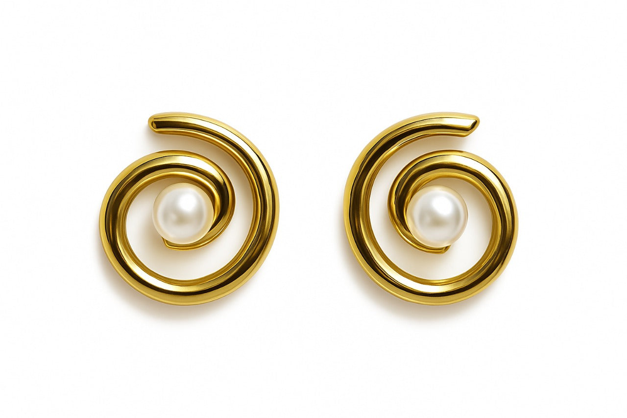 Golden Spiral Pearl Earrings