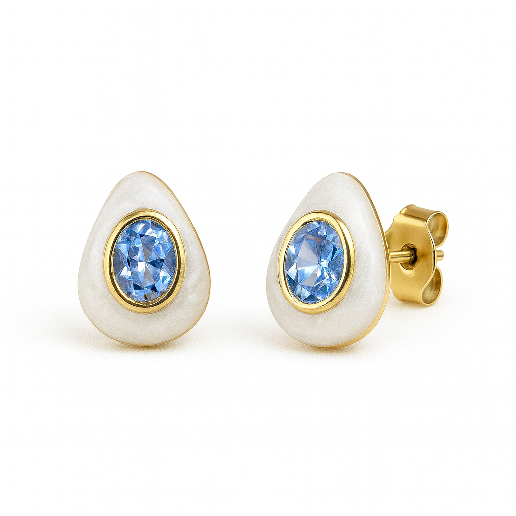 Opaline Teardrop Blue Solitaire Studs – Gold Finish