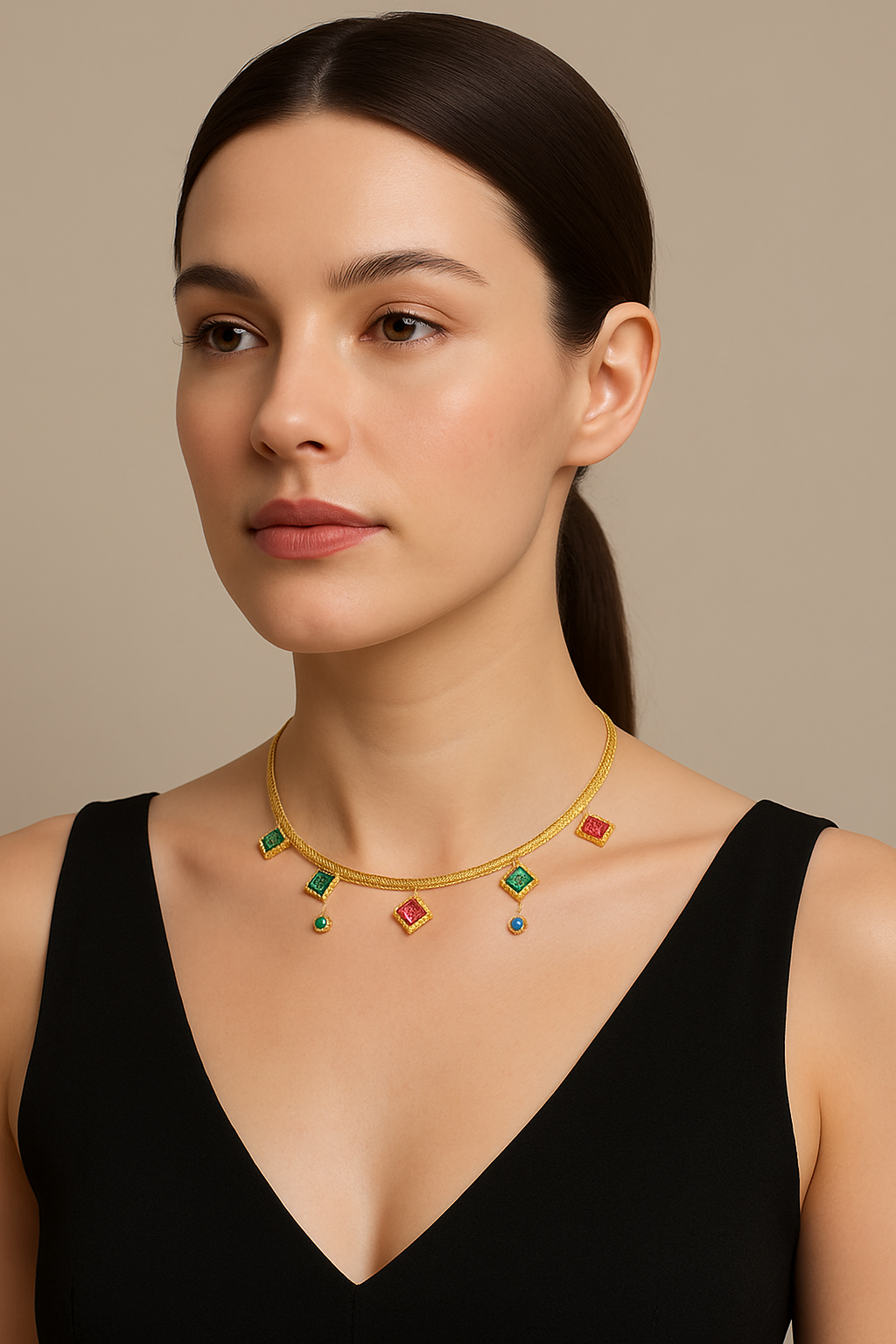 Colorful Gemstone Square Charm Necklace