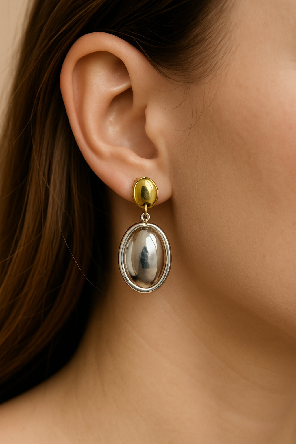 Duo Oval Drop Earrings – Gold & Silver Finish