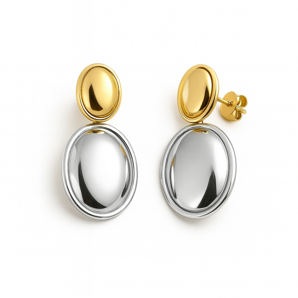 Duo Oval Drop Earrings – Gold & Silver Finish