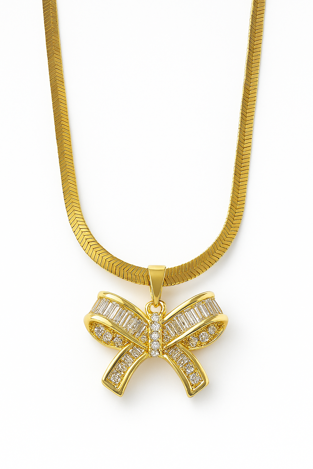 Gold Bow Pendant Necklace with Mixed‑Cut Crystals on Snake Chain