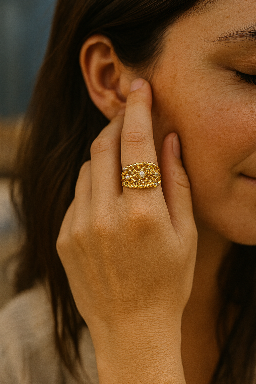 Pearl Harmony Lattice Ring