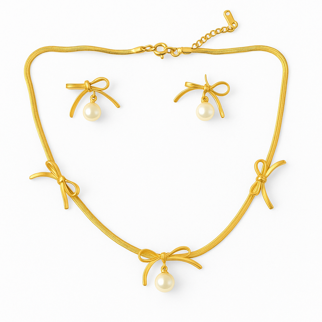 Golden Bow Pearl Jewelry Set