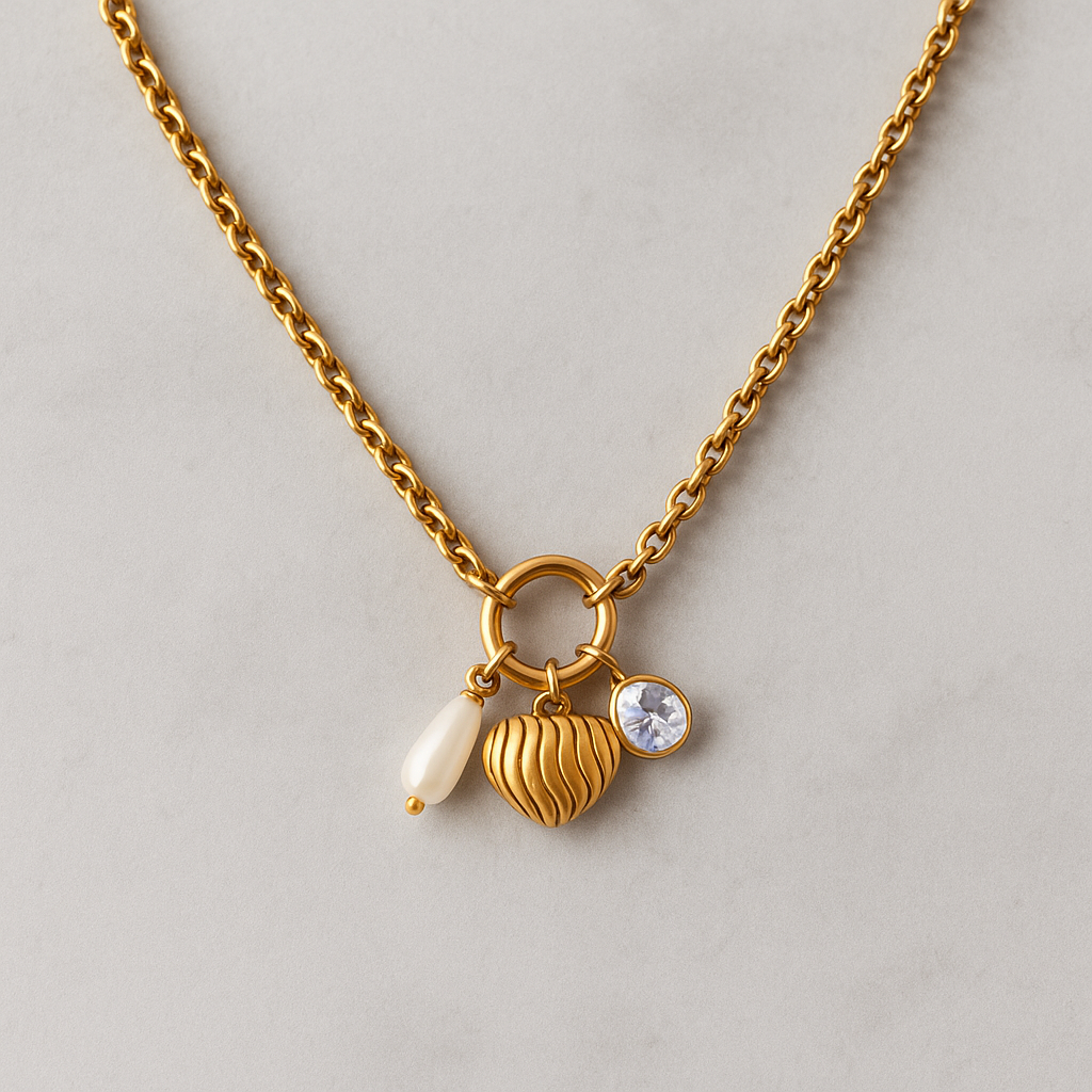 Pearl & Crystal Charm Gold Necklace