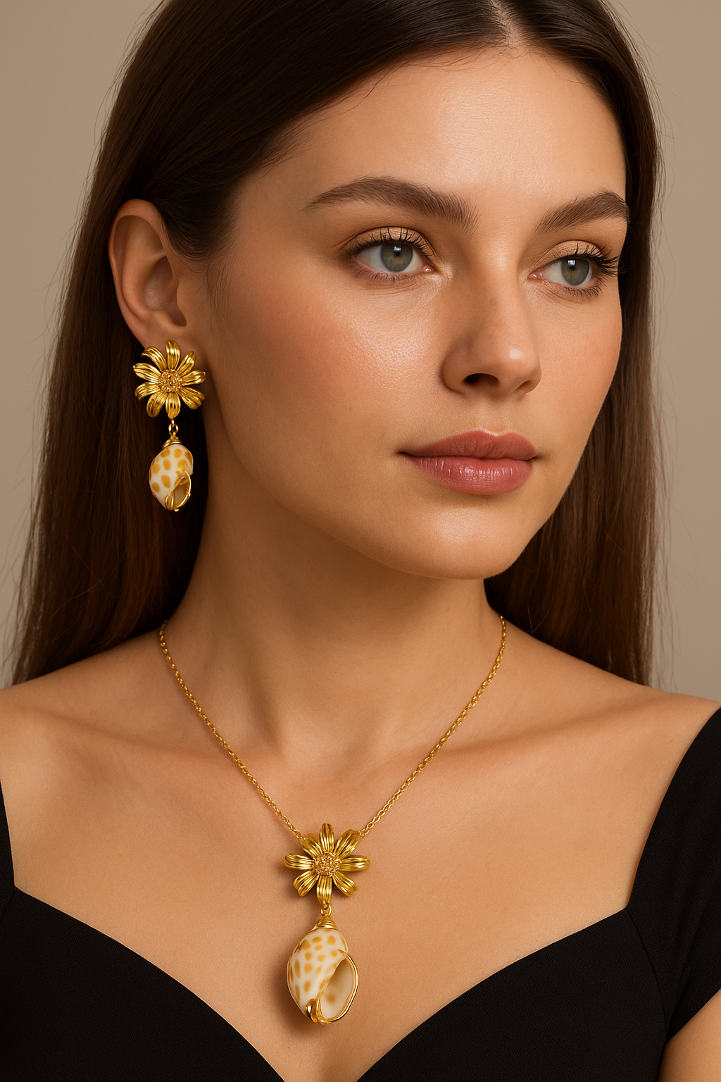 Golden Sunflower Seashell Jewelry Set
