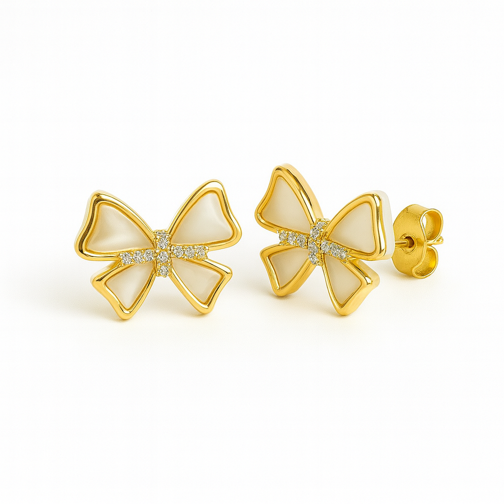 Belle Bow Pearl-Enamel Studs – Gold Finish