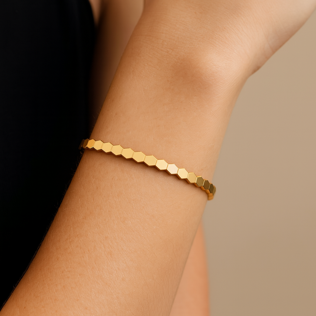 HexaEdge Faceted Bangle – Gold Finish