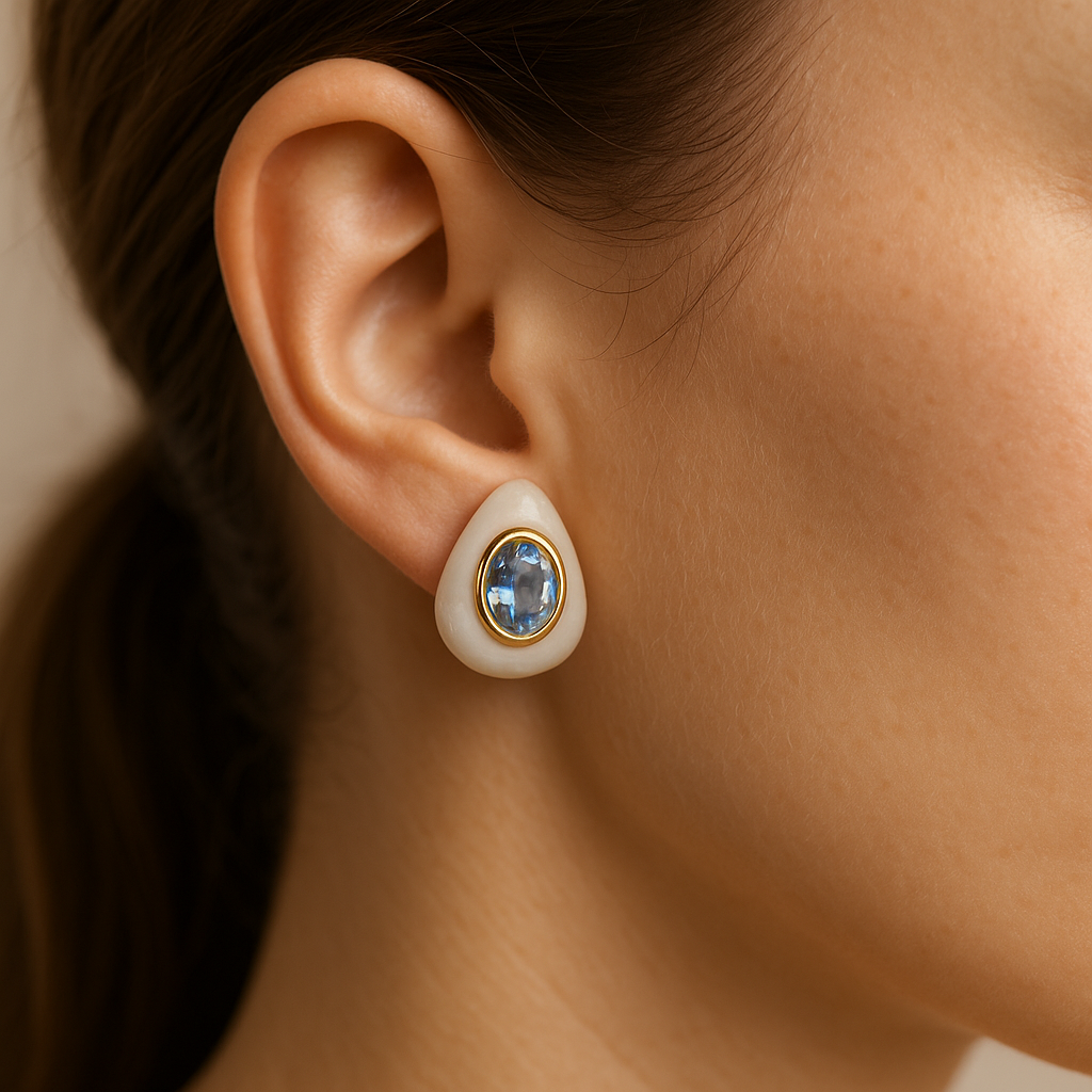 Opaline Teardrop Blue Solitaire Studs – Gold Finish