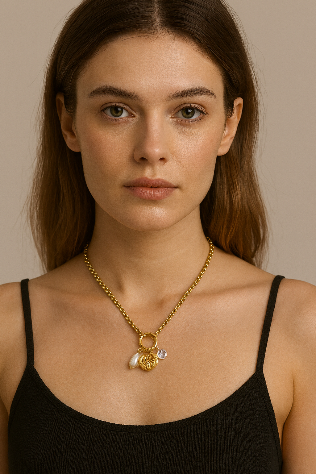 Pearl & Crystal Charm Gold Necklace