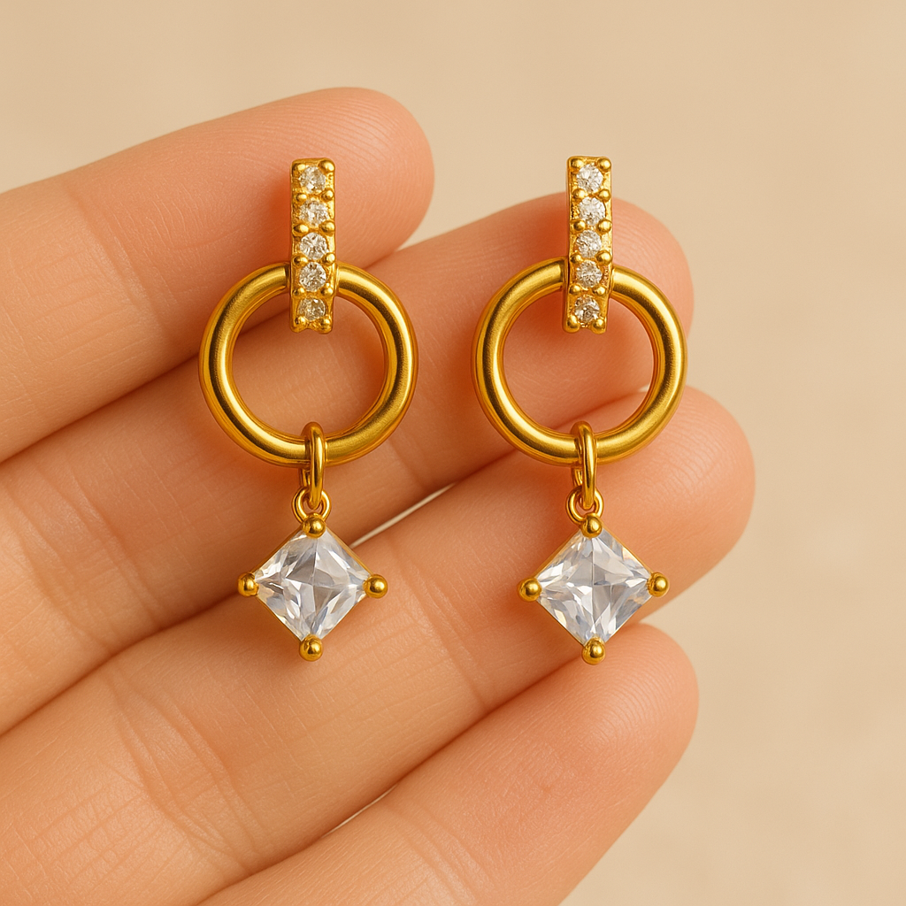 Golden Hoop Sparkle Earrings with Crystal Drop